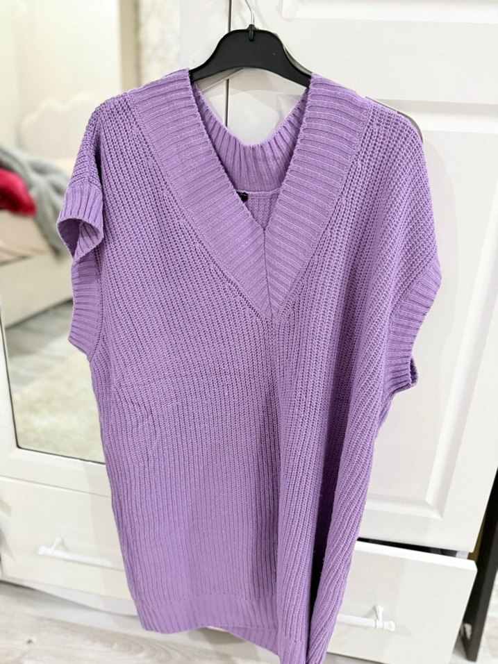 Kadın Mor V Yakalı Örgü Süveter - Görsel 5