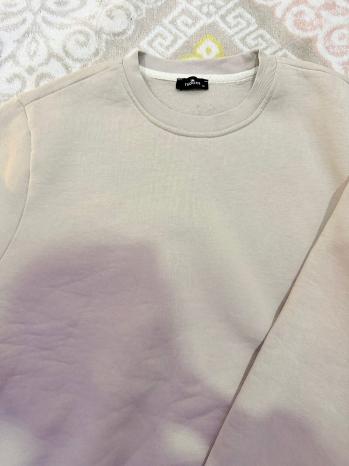 Bej Erkek Kadın  Bisiklet Yaka Rahat Sweatshirt Tudors Marka S - Görsel 2