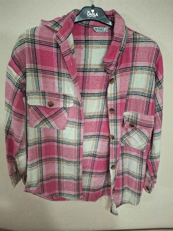 Düğmeli Pembe Ekose Uzun Kollu Gömlek - Görsel 5