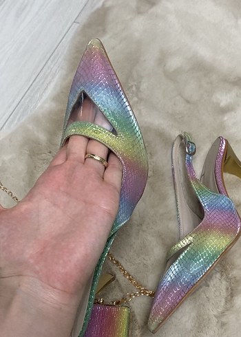 Glitterli Pastel Renkli Stiletto ve Çanta Seti - Görsel 2