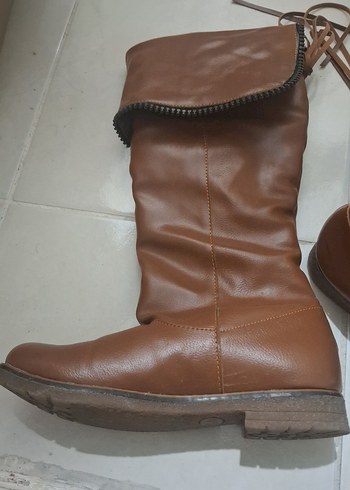 Kadın Kahverengi Deri Biker Dizüstü Bot - Görsel 2