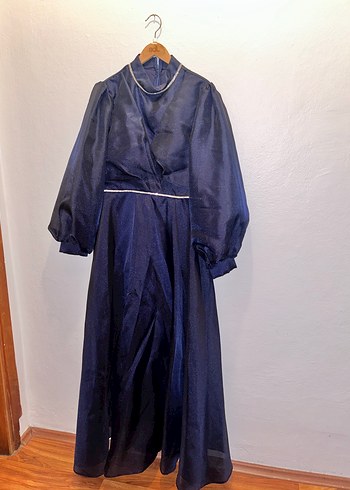 Lacivert Uzun Drapeli Kadın Abiye Elbise - Görsel 2