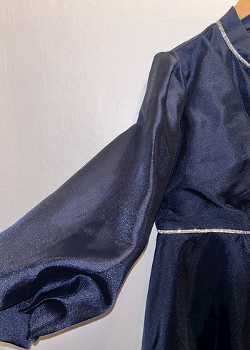 Lacivert Uzun Drapeli Kadın Abiye Elbise - Görsel 3