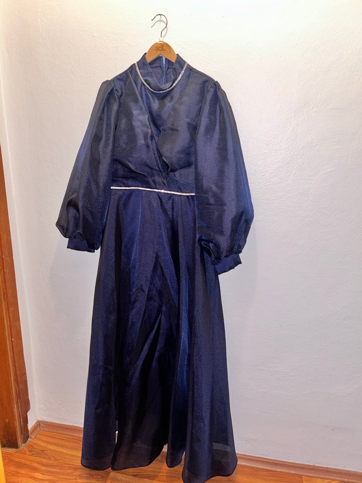 Lacivert Uzun Drapeli Kadın Abiye Elbise - Görsel 2