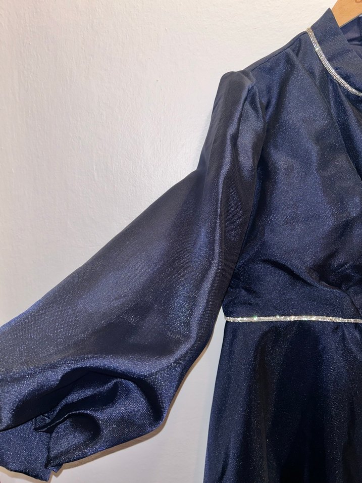 Lacivert Uzun Drapeli Kadın Abiye Elbise - Görsel 3