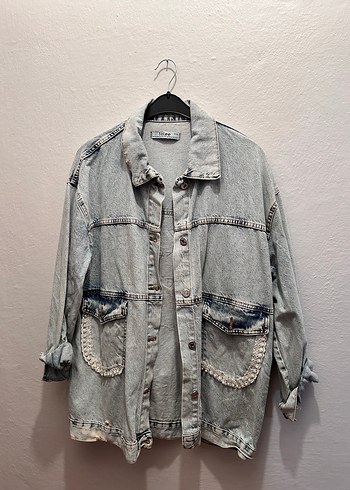 Nakışlı Buz Mavisi Bohem Kadın Denim Ceket - Görsel 2