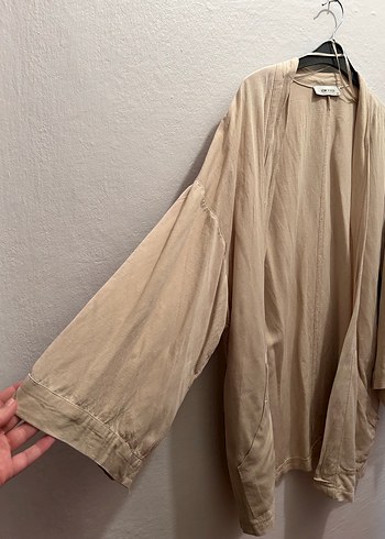 Bej Oversize Keten Kadın Kimono - Görsel 5