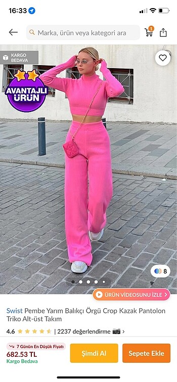 Swist pembe crop pantolon takım