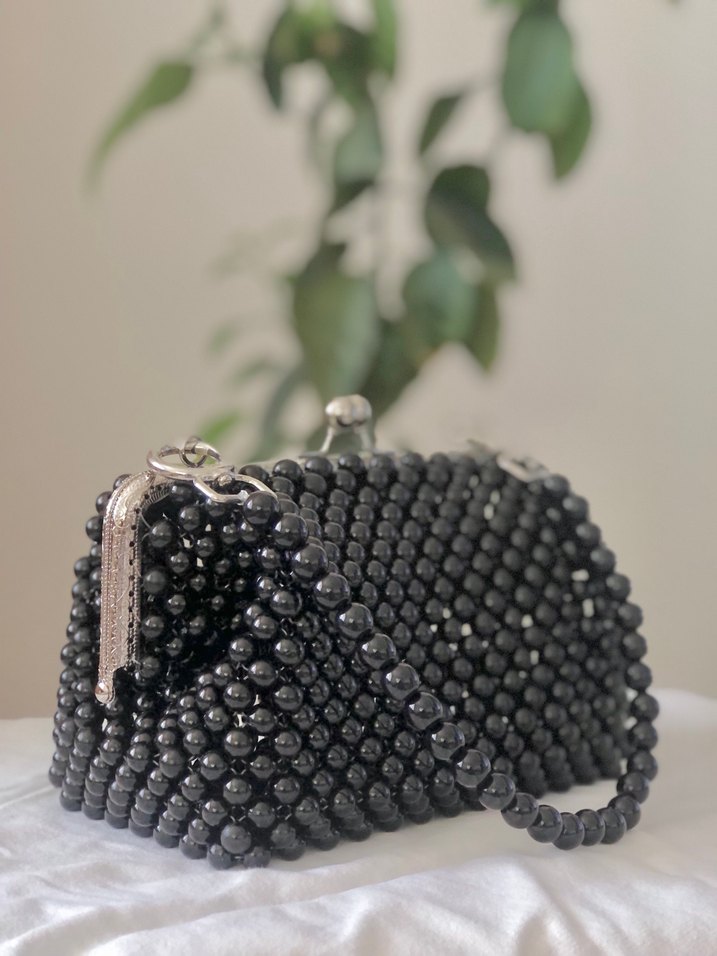 Siyah Boncuk İşlemeli Vintage El Çantası - Görsel 2