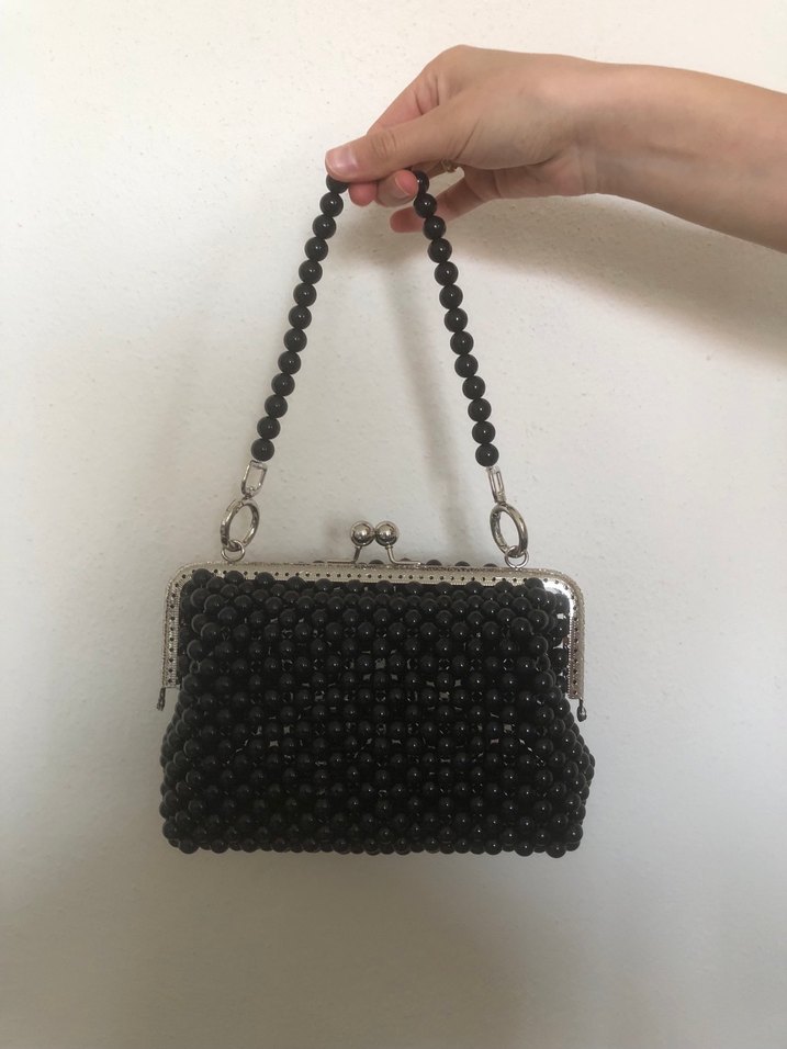 Siyah Boncuk İşlemeli Vintage El Çantası - Görsel 3