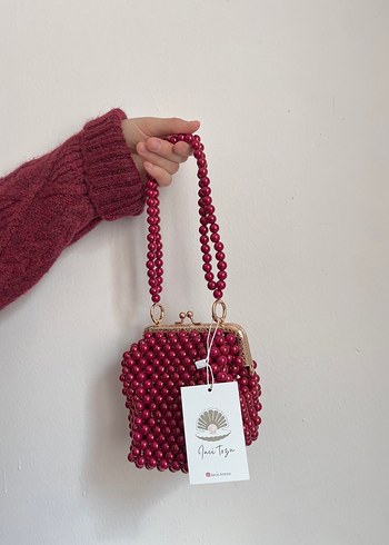 Bordo Boncuk İşlemeli Örgü Kadın Çanta - Görsel 2