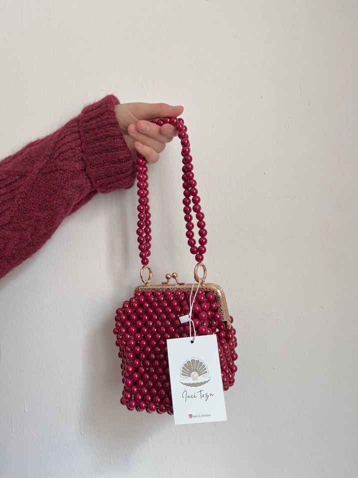 Bordo Boncuk İşlemeli Örgü Kadın Çanta - Görsel 2