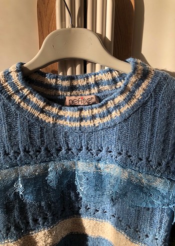 Bohem Mavi Gri Triko Kadın Kazak - Görsel 3