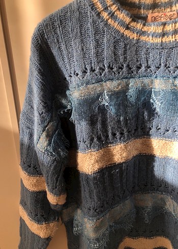 Bohem Mavi Gri Triko Kadın Kazak - Görsel 2