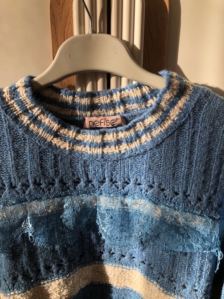 Bohem Mavi Gri Triko Kadın Kazak - Görsel 3