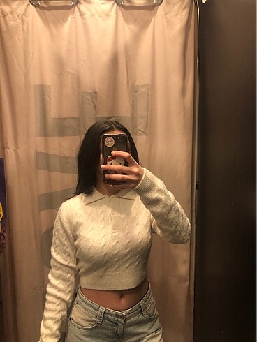 bershka kazak crop saç örgülü polo yaka kazak krem rengi