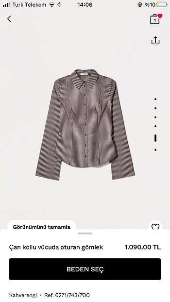 İXBANDAN SATIŞ bershka çan kollu vücuda oturan dar gömlek kahver