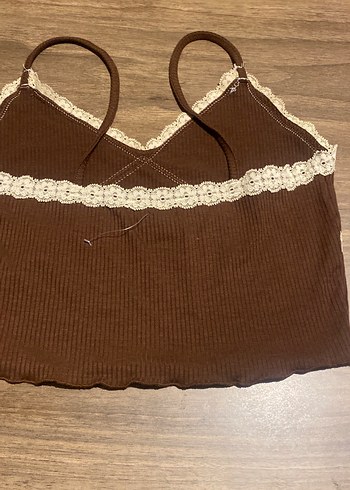 Dantel Detaylı Kahverengi V Yaka Crop Top - Görsel 2