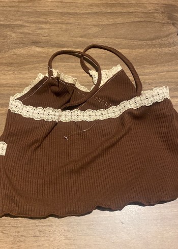 Dantel Detaylı Kahverengi V Yaka Crop Top - Görsel 3