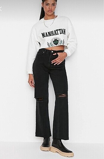 siyah wide leg jean