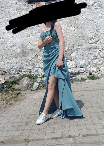 Nakışlı Drapeli Turkuaz Uzun Abiye Elbise - Görsel 2