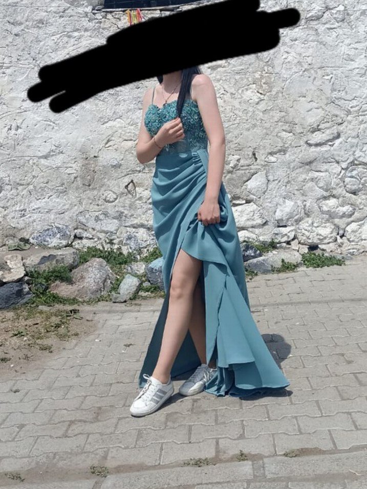 Nakışlı Drapeli Turkuaz Uzun Abiye Elbise - Görsel 2