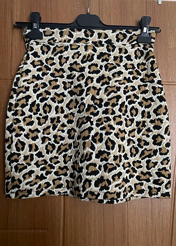 Kahverengi Leopar Desenli Mini Etek