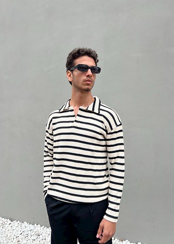 Siyah Şeritli Polo Yaka Triko Yüksek Kalite - Görsel 5