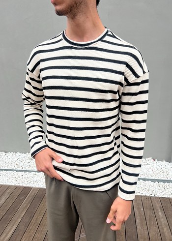 Beyaz Siyah Çizgili Pamuklu Erkek Triko Kazak - Görsel 2