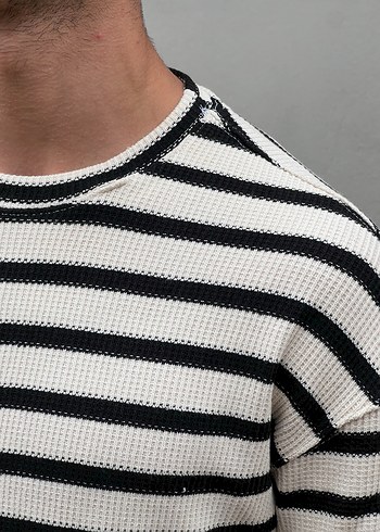 Beyaz Siyah Çizgili Pamuklu Erkek Triko Kazak - Görsel 3
