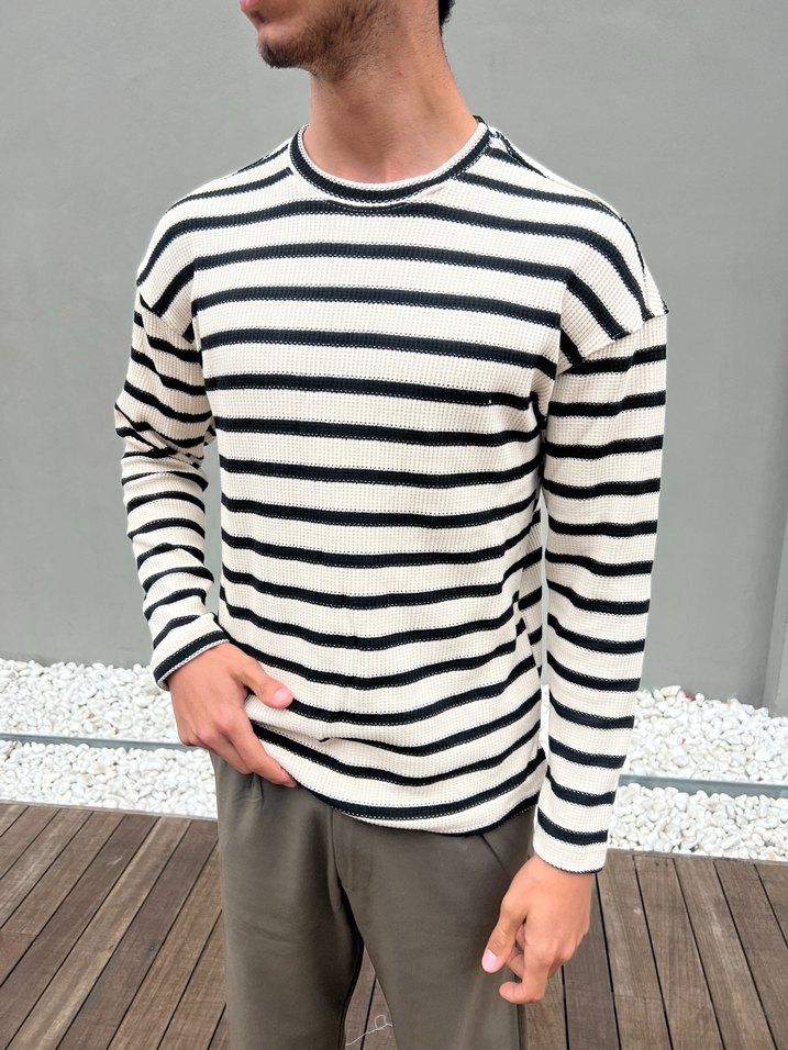 Beyaz Siyah Çizgili Pamuklu Erkek Triko Kazak - Görsel 2