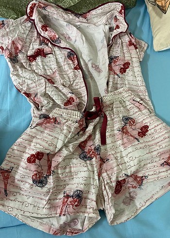 l Beden Pembe Baskılı Mini Bohem Kadın Pijama Takımı