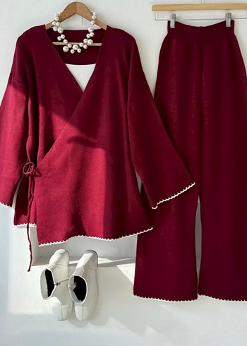 Bordo Nakışlı Triko Kadın Kimono Takım