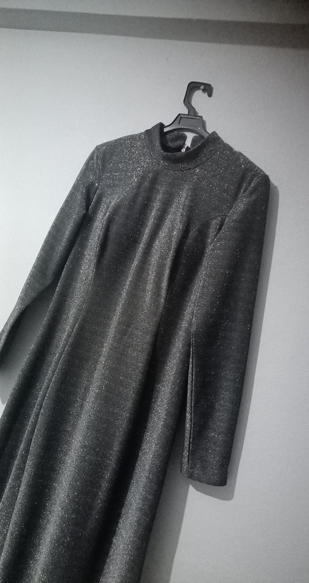 Uzun Kollu Gri Drapeli Uzun elbise - Görsel 4