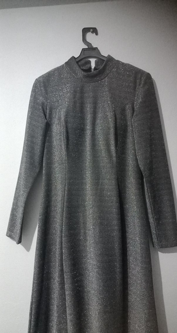 Uzun Kollu Gri Drapeli Uzun elbise - Görsel 3