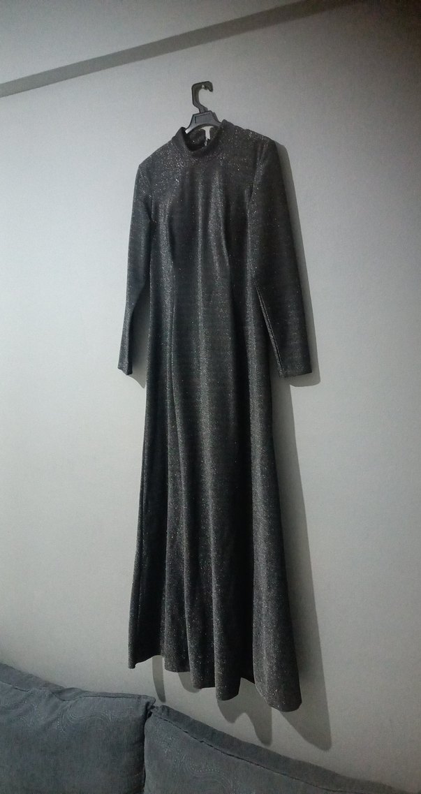 Uzun Kollu Gri Drapeli Uzun elbise - Görsel 2