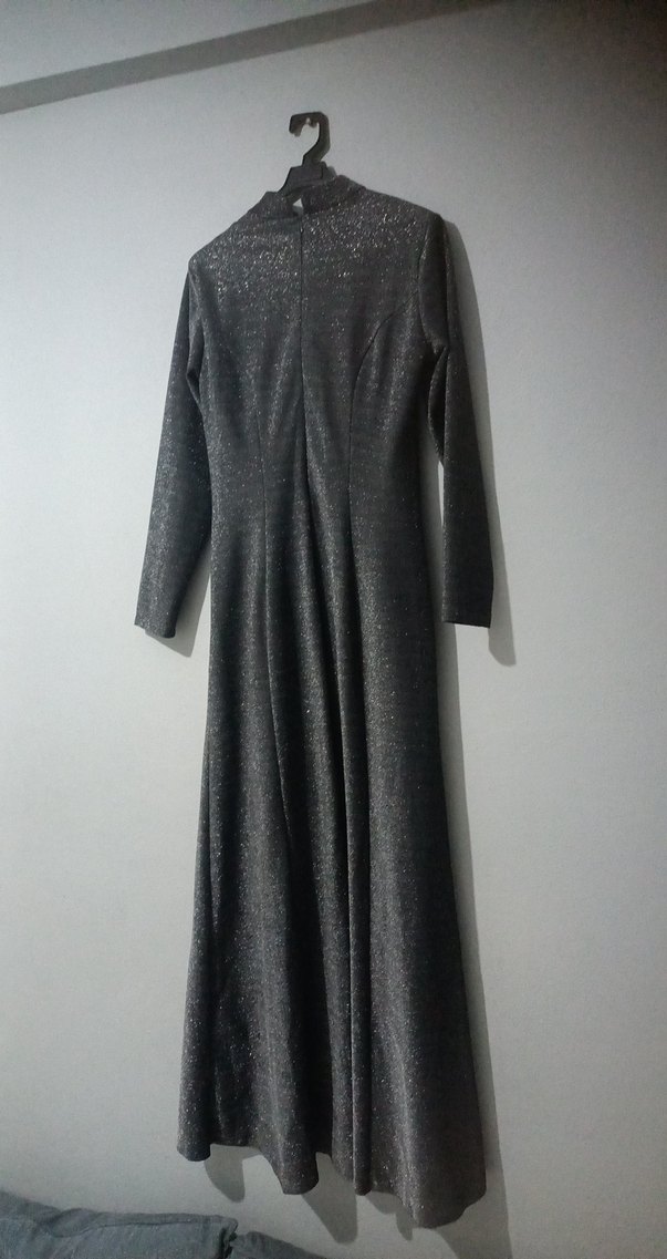 Uzun Kollu Gri Drapeli Uzun elbise - Görsel 5