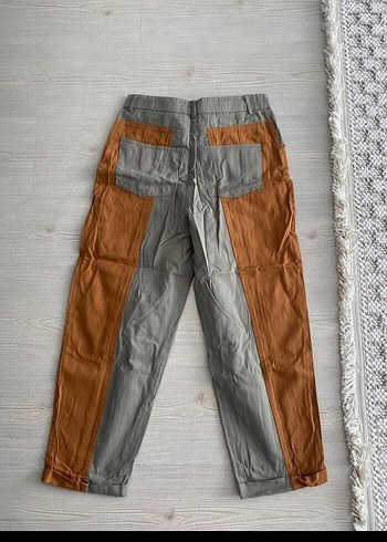 Kemerli Gri ve Kahverengi Kadın Keten Pantolon - Görsel 2