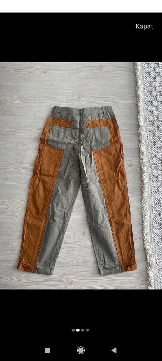 Kemerli Gri ve Kahverengi Kadın Keten Pantolon - Görsel 2