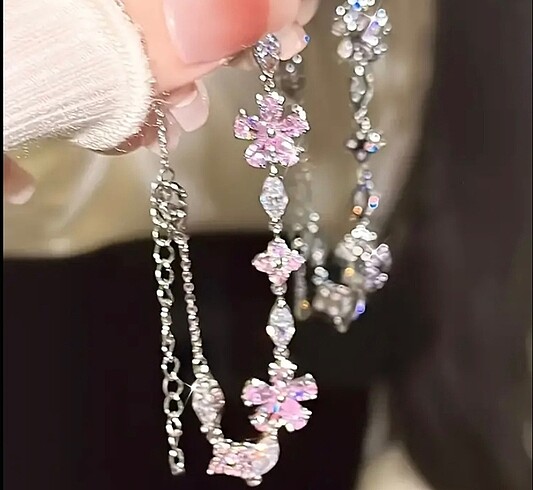 swarovski Pembe Çiçekli Paslanmaz Çelik Kolye