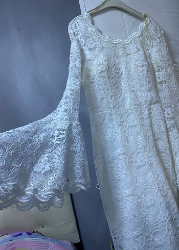 Beyaz Dantel Uzun Kollu Bohem Elbise - Görsel 3