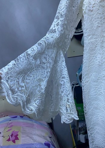 Beyaz Dantel Uzun Kollu Bohem Elbise - Görsel 2