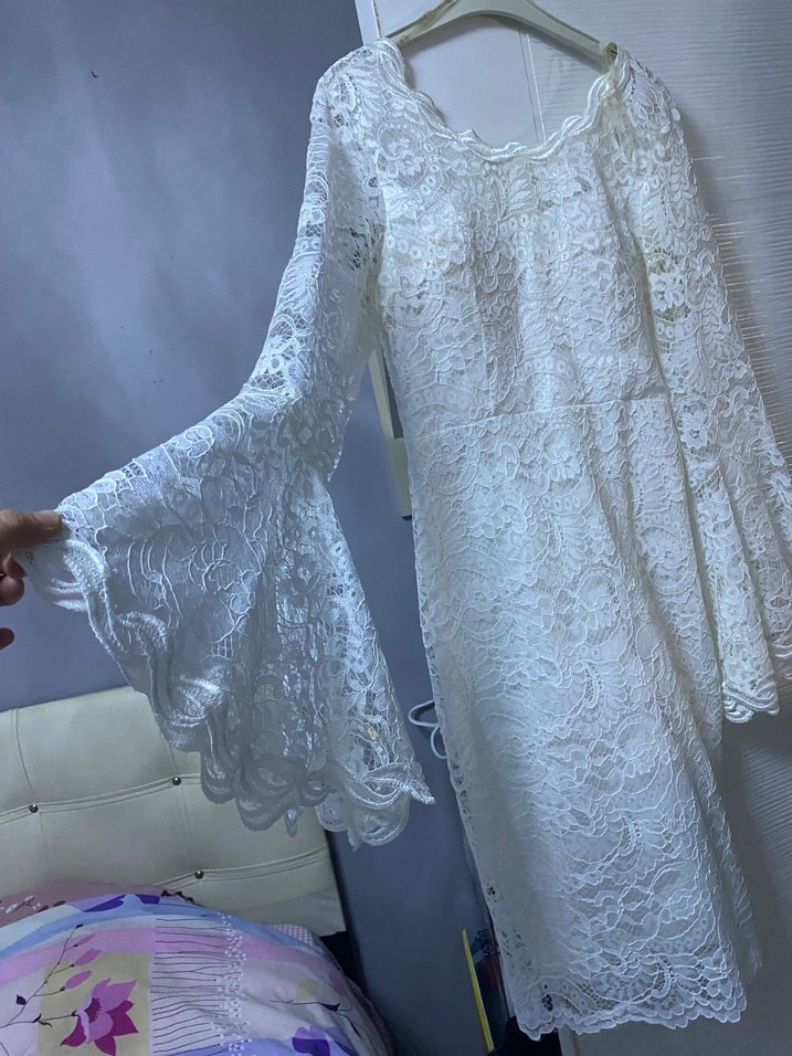 Beyaz Dantel Uzun Kollu Bohem Elbise - Görsel 4