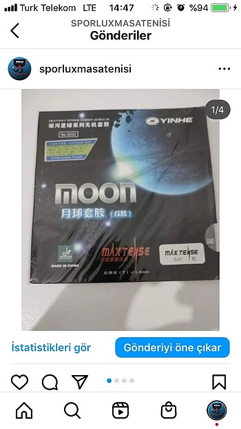 Yinhe Moon Masa Tenisi Lastig?i Durum: Sıfır Renk: Siyah Fiya