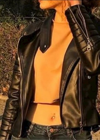 Diğer Kemerli Siyah Deri Kadın Ceket