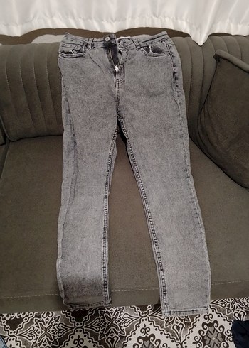 Gri Düğmeli Kadın Denim Pantolon