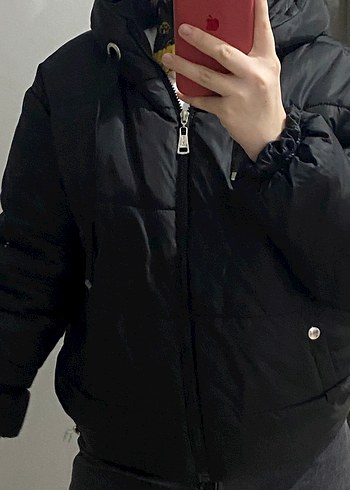 Kadın Siyah Kapüşonlu Mont - Görsel 7