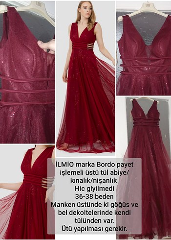 İLMİO marka Bordo payet işlemeli üstü tül abiye/kınalık/nişanlık