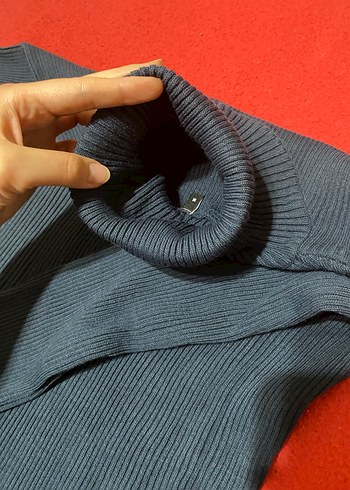 Koyu mavi petrol mavisi koyusu Örme Yüksek Yakalı Uzun Elbise - Görsel 2