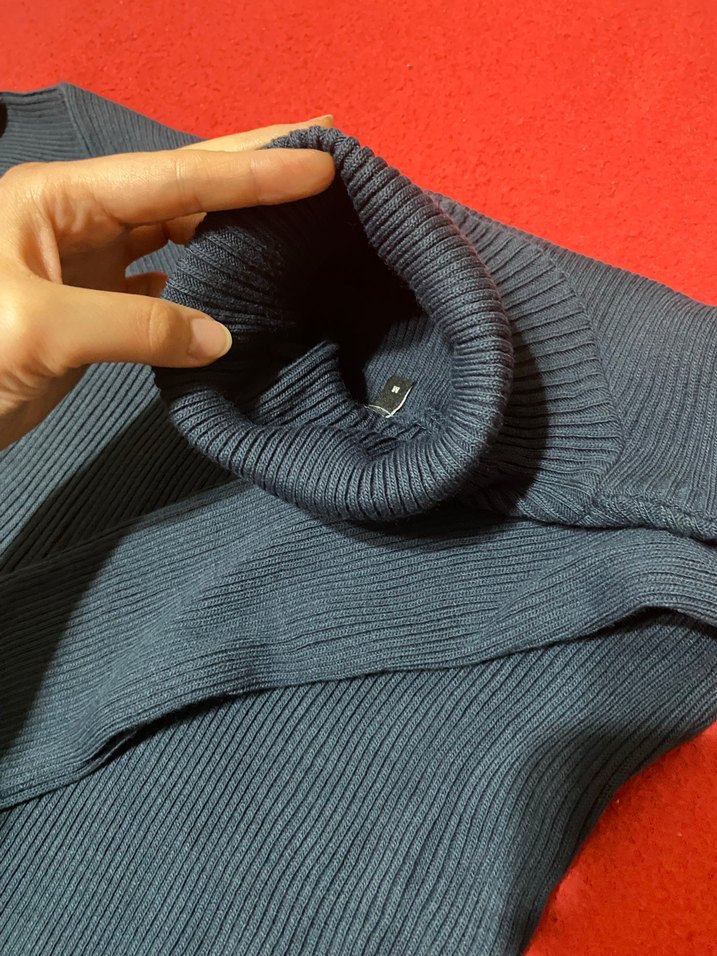 Koyu mavi petrol mavisi koyusu Örme Yüksek Yakalı Uzun Elbise - Görsel 2